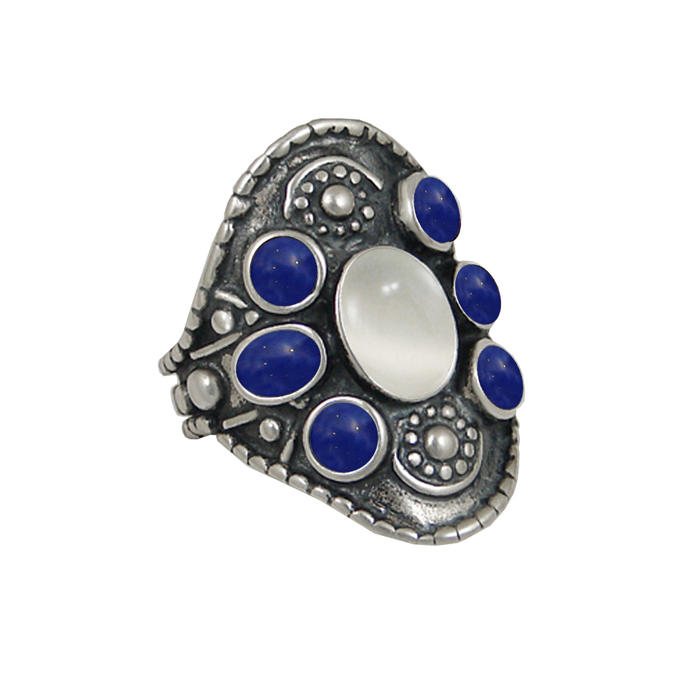 Sterling Silver High Queen's Ring With White Moonstone And Lapis Lazuli Size 6
